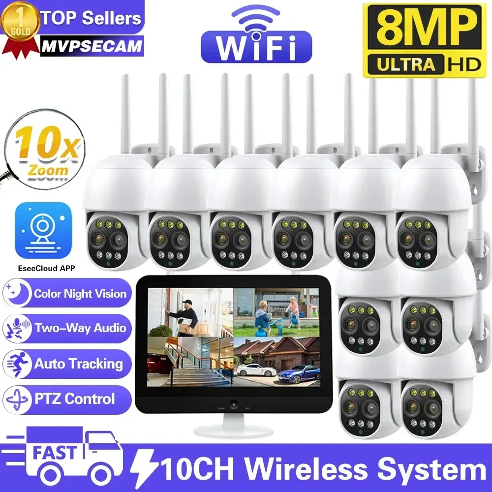 12.5 Inch Monitor 10CH NVR Kit Wireless PTZ Security 8MP 10X Zoom Camera System 2-Way Audio Home Wifi CCTV Surveillance Cameras