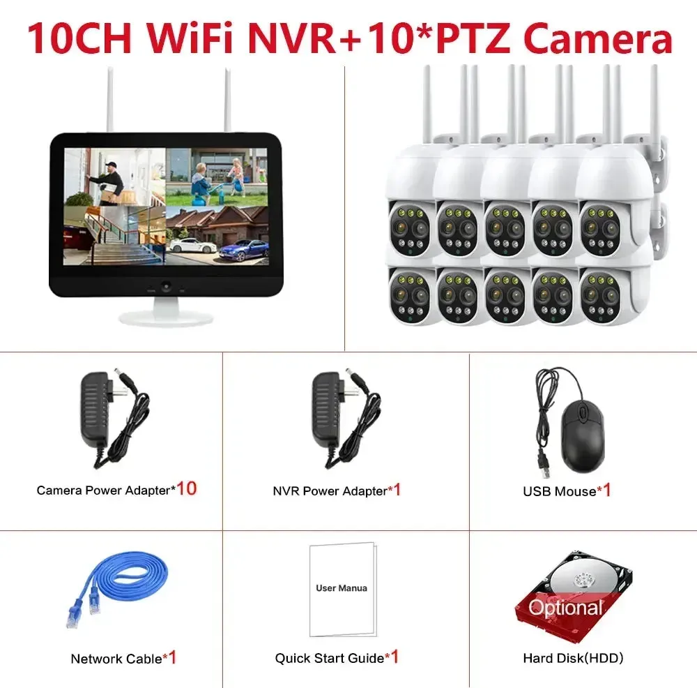 12.5 Inch Monitor 10CH NVR Kit Wireless PTZ Security 8MP 10X Zoom Camera System 2-Way Audio Home Wifi CCTV Surveillance Cameras