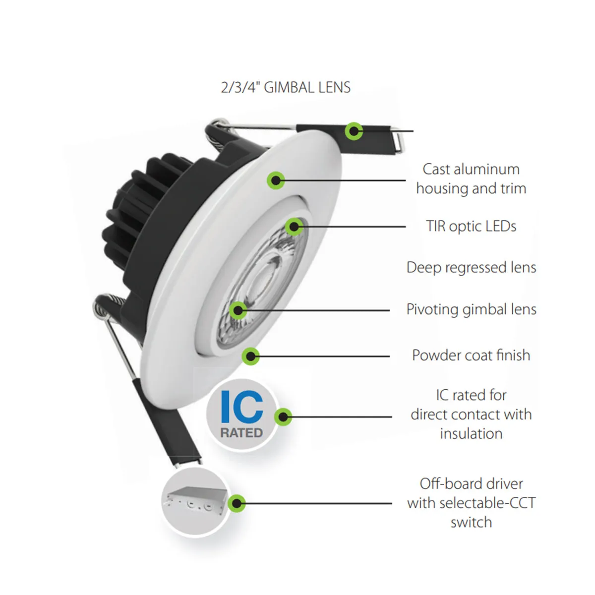 2" Gimbal Canless LED Downlight, 400lm, Selectable 2700K to 5000K, 38° Spot, Smooth Trim