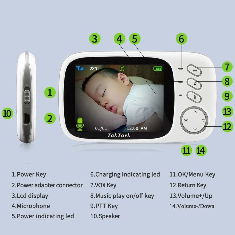 3.2" Wireless Video Baby Monitor Temperature Monitoring