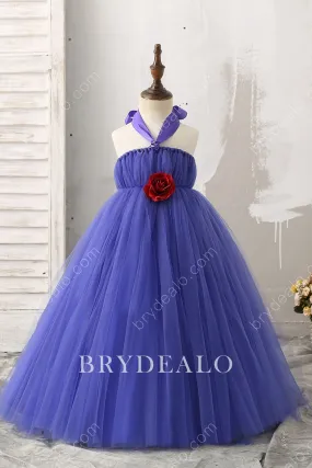 3D Rose Royal Blue Tulle Floor Length Flower Girl Wedding Ball Gown