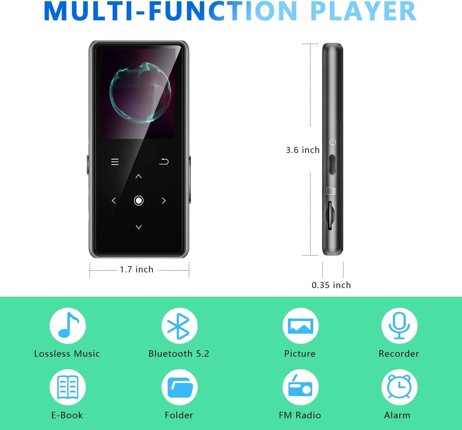 64GB MP3 Player, Music Player with 64GB MP3 Player with Bluetooth 5.2, Aimoonsa Music Player with Built-In HD Speaker, FM Radio, Voice Recorder, Hifi Sound, E-Book Function, Earphones Included