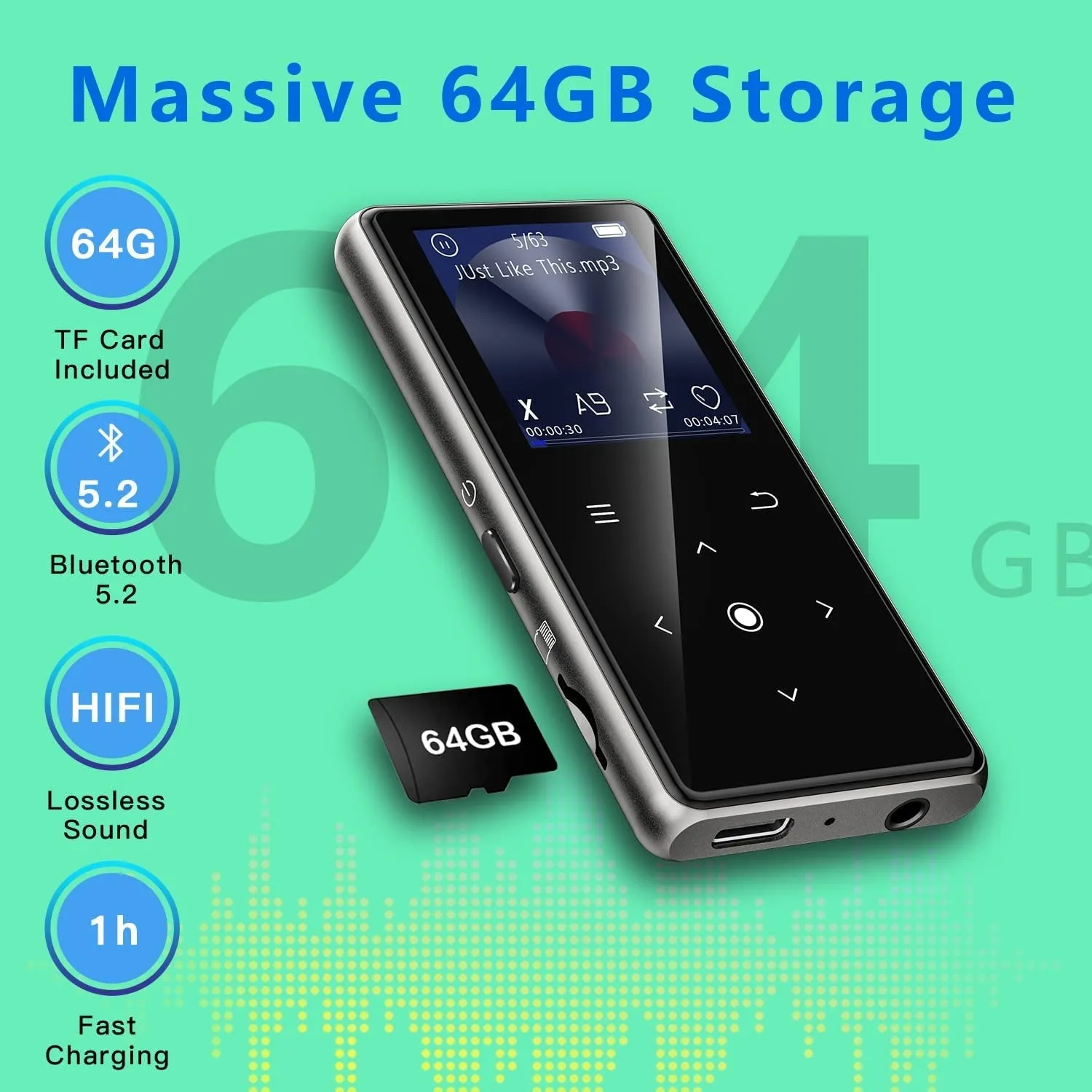 64GB MP3 Player, Music Player with 64GB MP3 Player with Bluetooth 5.2, Aimoonsa Music Player with Built-In HD Speaker, FM Radio, Voice Recorder, Hifi Sound, E-Book Function, Earphones Included