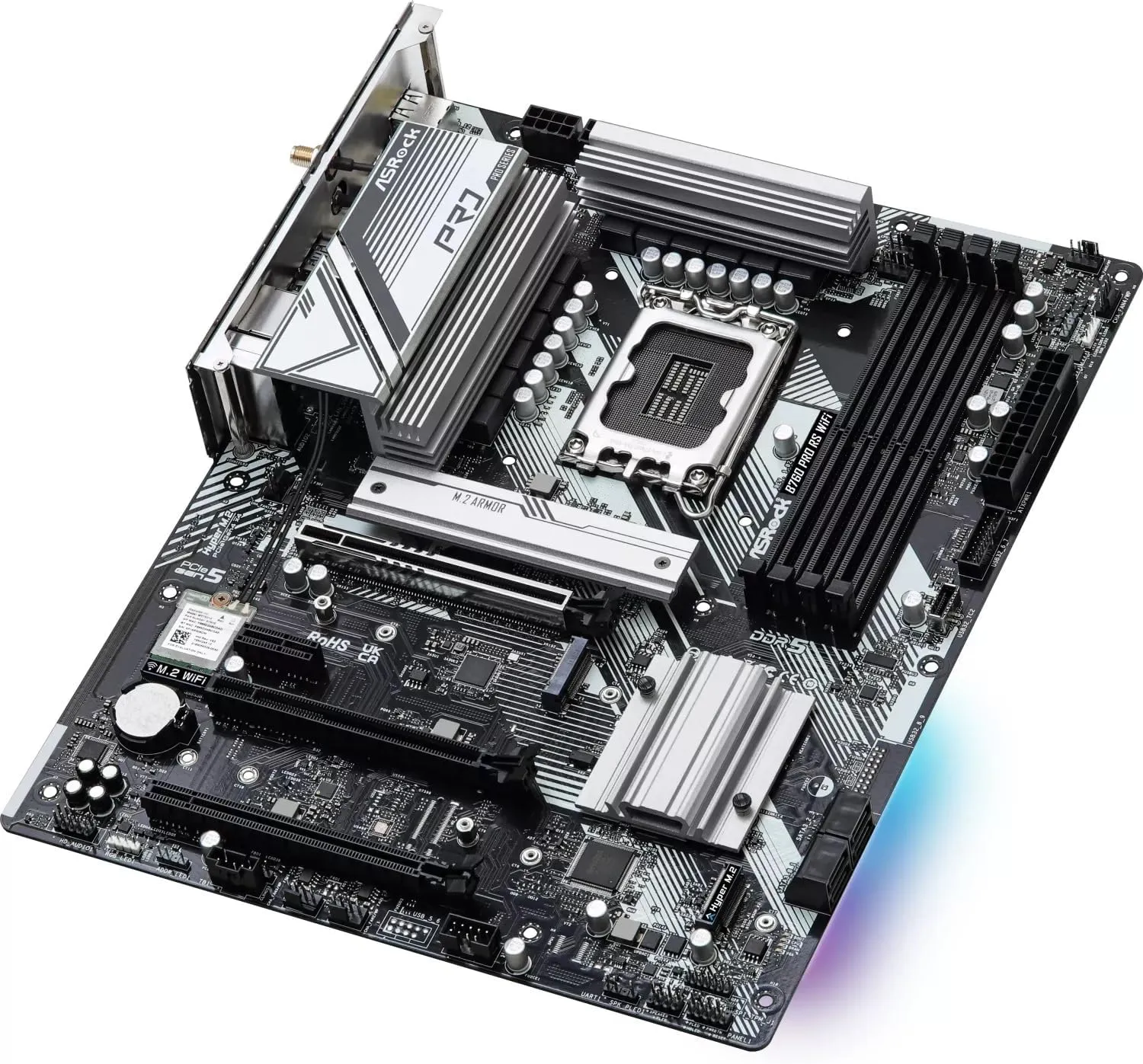 Asrock B760 Pro RS WiFi Motherboard, 1700, ATX, DDR5, HDMI, DP, eDP, Wi-Fi 6E, 2.5G LAN, PCIe5, M.2, RGB