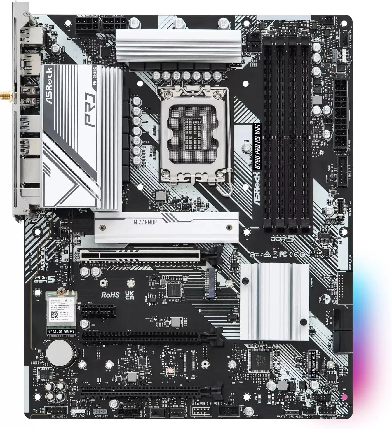 Asrock B760 Pro RS WiFi Motherboard, 1700, ATX, DDR5, HDMI, DP, eDP, Wi-Fi 6E, 2.5G LAN, PCIe5, M.2, RGB