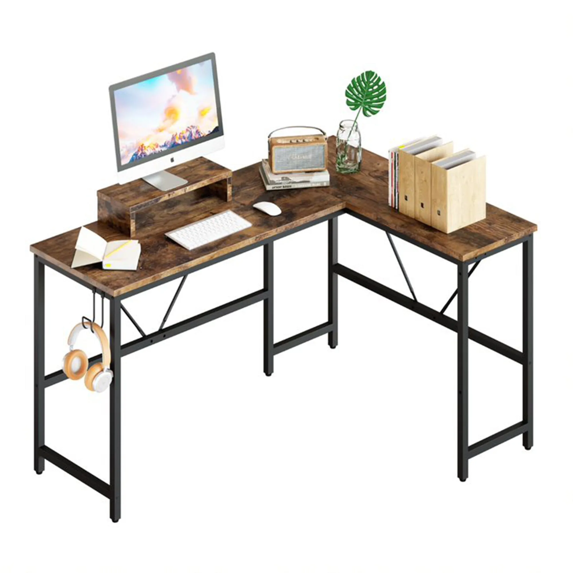 Bestier L Shape Reversible Computer Desk w/ Monitor Stand & Headset Hook, Walnut