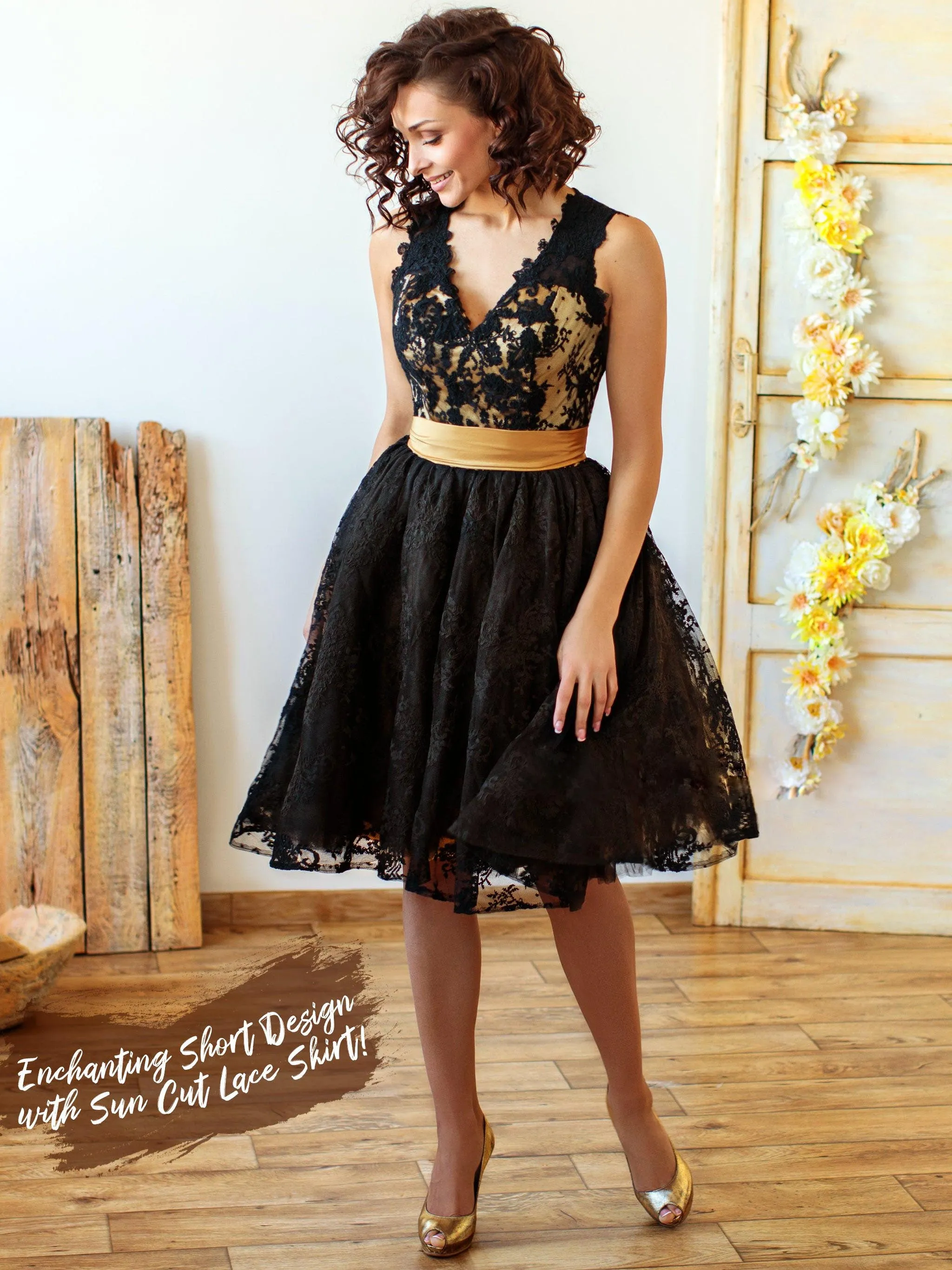 Black Lace V-neck Casual Gold Keyhole Back Short City Bridal Dress