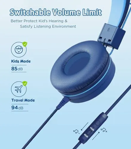 Bywulanda Kids Headphones with LED Lights for School, Upgrade USB Type C Kid Headphone with Microphone, Volume Limiter 85/94dB, Wired On Ear Headphones for Boys/Girls/Tablet/Travel -Blue