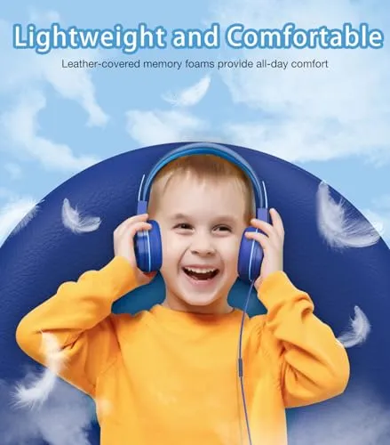 Bywulanda Kids Headphones with LED Lights for School, Upgrade USB Type C Kid Headphone with Microphone, Volume Limiter 85/94dB, Wired On Ear Headphones for Boys/Girls/Tablet/Travel -Blue