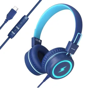 Bywulanda Kids Headphones with LED Lights for School, Upgrade USB Type C Kid Headphone with Microphone, Volume Limiter 85/94dB, Wired On Ear Headphones for Boys/Girls/Tablet/Travel -Blue