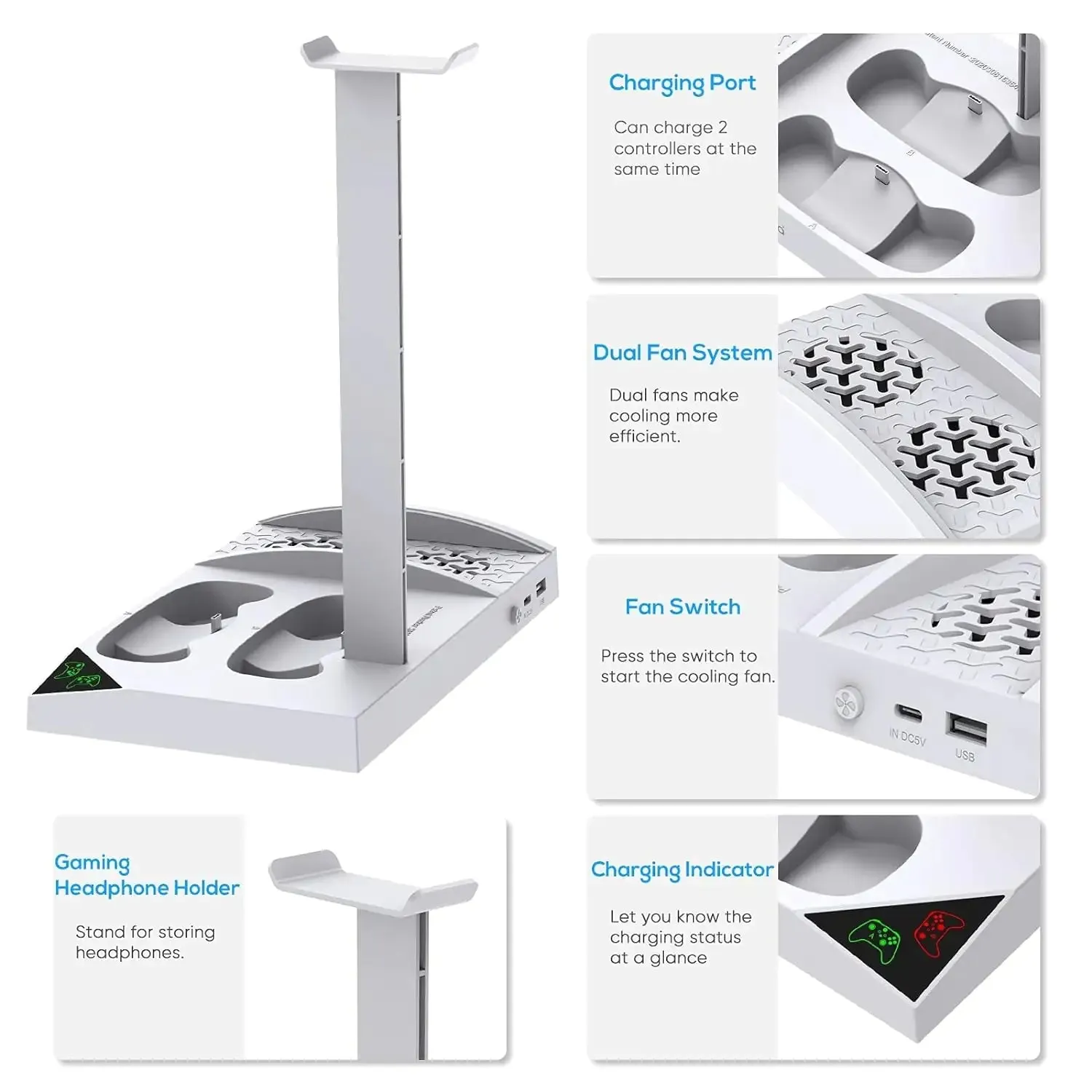 Charger Stand with Cooling Fan for Xbox Series S Console and Controller, Vertical Dual Charging Dock Accessories with 2 X 1400Mah Rechargeable Battery and Cover, Earphone Bracket for XSS