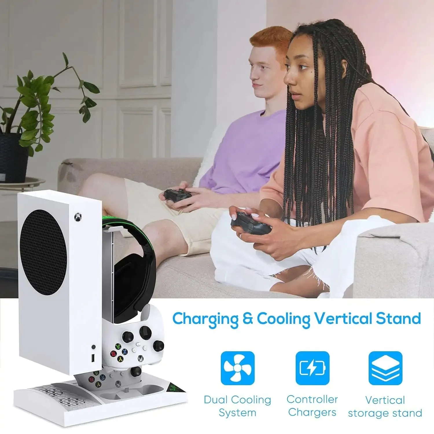 Charger Stand with Cooling Fan for Xbox Series S Console and Controller, Vertical Dual Charging Dock Accessories with 2 X 1400Mah Rechargeable Battery and Cover, Earphone Bracket for XSS