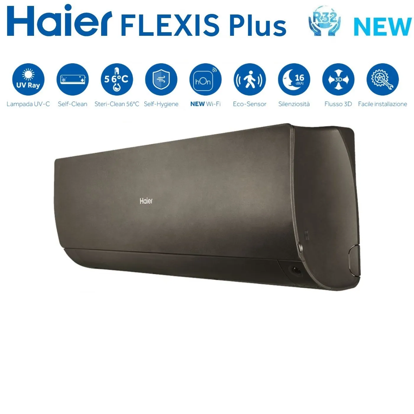 Climatizzatore Condizionatore Haier Quadri Split Inverter serie FLEXIS PLUS BLACK 7 7 7 15 con 4U85S2SR3FA R-32 Wi-Fi Integrato Colore Nero 7000 7000 7000 15000