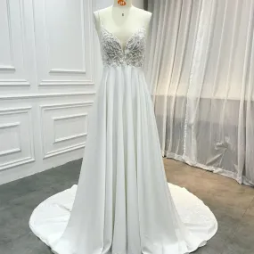 Deep Neck Lace Beaded Straps A-line Satin Bridal Dress