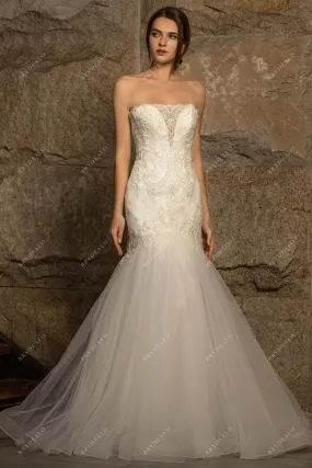 Designer Beaded Lace Tulle Trumpet Bridal Gown