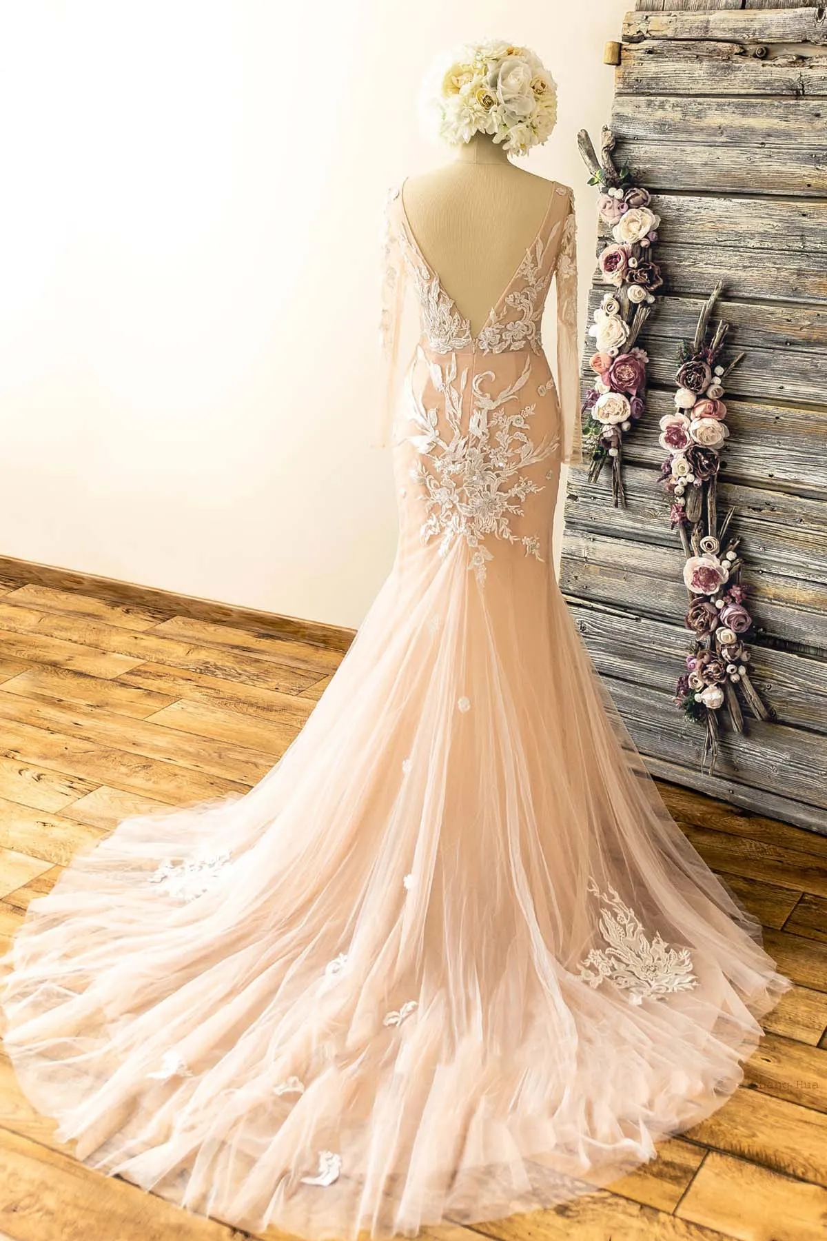 Designer Lace Sheer Sleeves Open V-Back Mermaid Wedding Dress