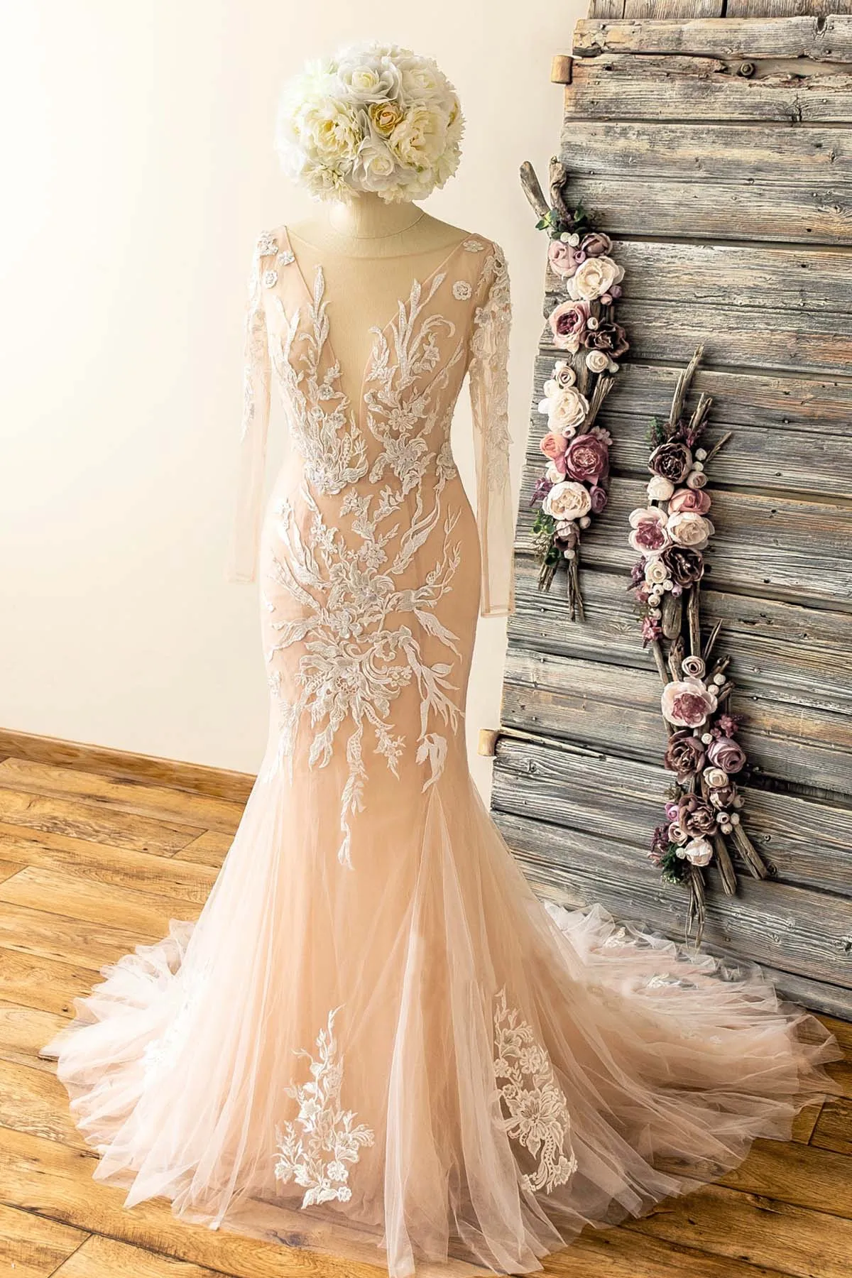 Designer Lace Sheer Sleeves Open V-Back Mermaid Wedding Dress