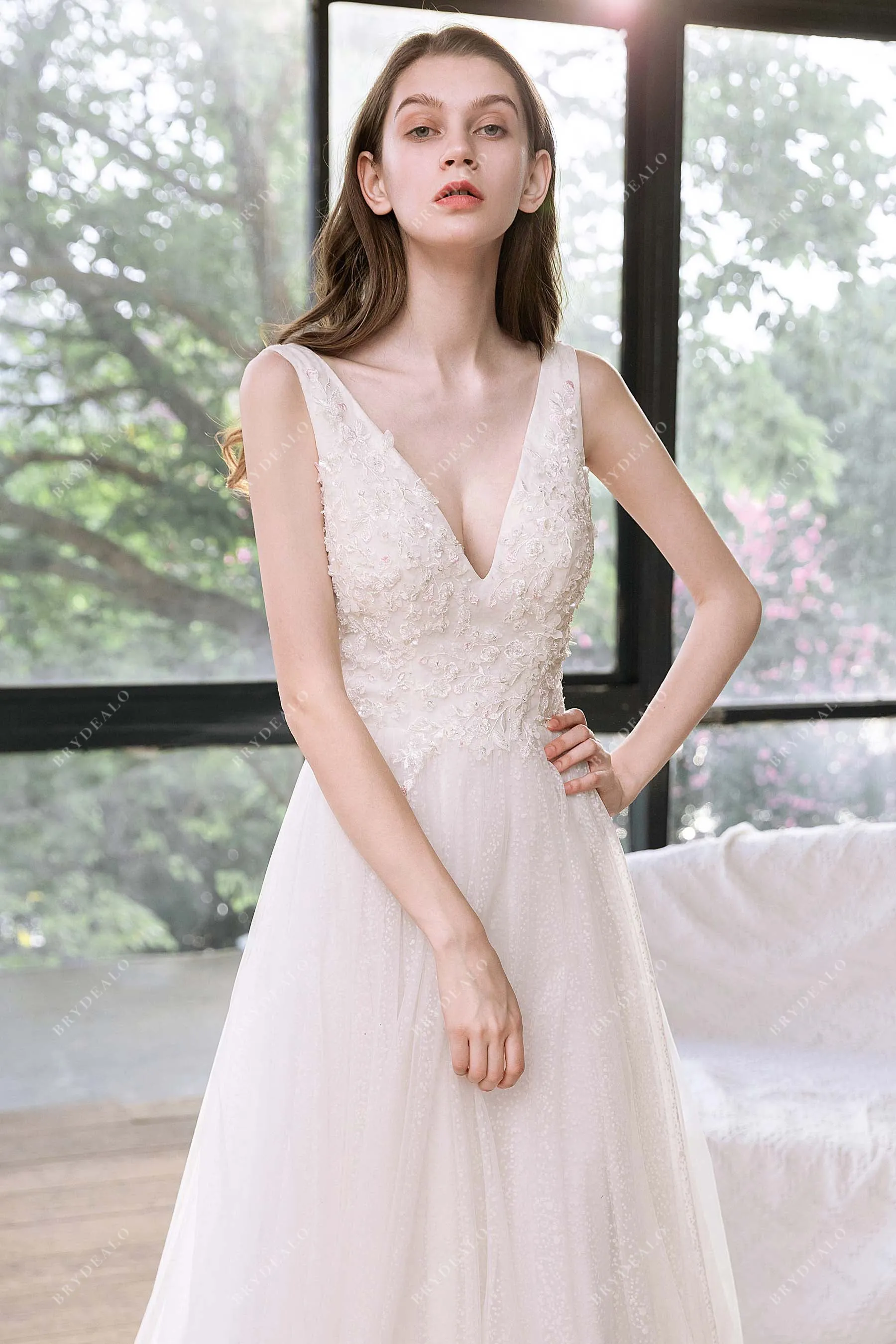 Dreamy Lace Tulle Plunging Neck Spring A-line Wedding Dress