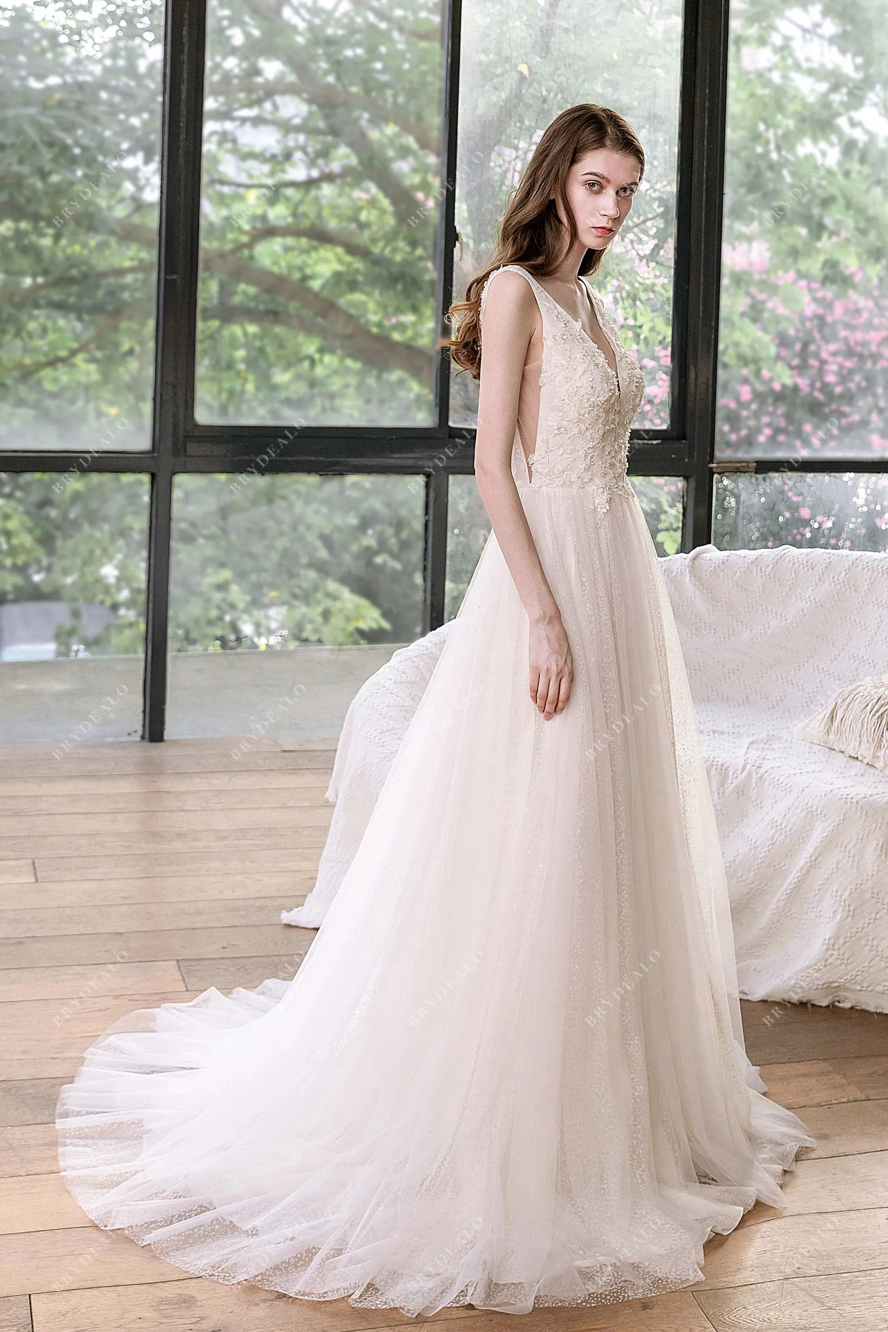 Dreamy Lace Tulle Plunging Neck Spring A-line Wedding Dress