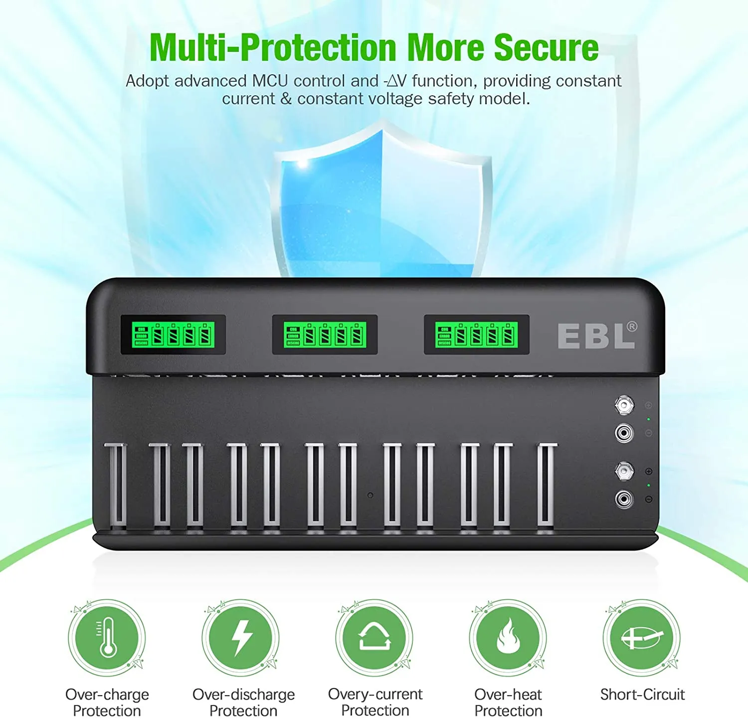 EBL TB-6036 12-Bay Multipurpose Smart Battery Charger with LCD Status Displays, Independently Controlled Charging Slots, 2 Additional 9V 6F22 Compatible Terminals for Ni-MH Ni-CD Rechargeable Batteries