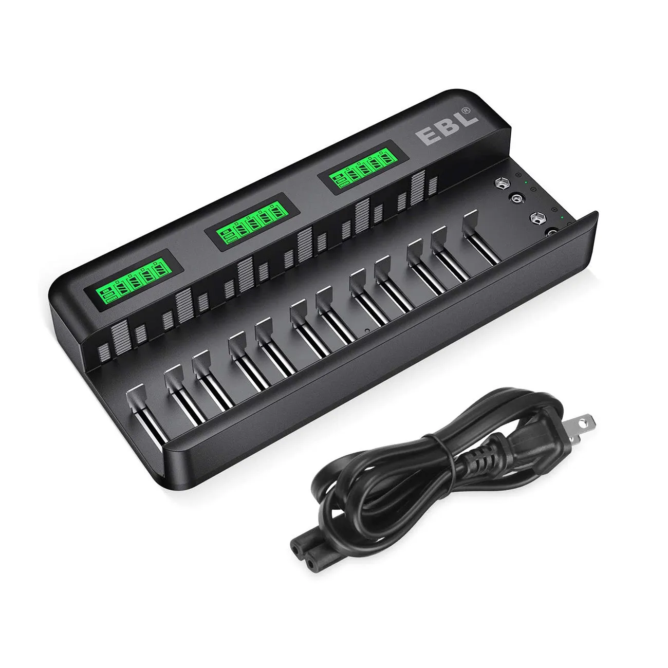 EBL TB-6036 12-Bay Multipurpose Smart Battery Charger with LCD Status Displays, Independently Controlled Charging Slots, 2 Additional 9V 6F22 Compatible Terminals for Ni-MH Ni-CD Rechargeable Batteries