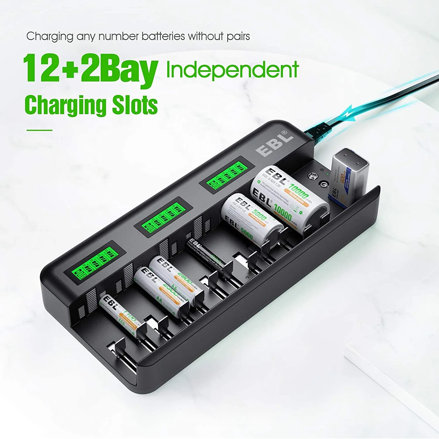 EBL TB-6036 12-Bay Multipurpose Smart Battery Charger with LCD Status Displays, Independently Controlled Charging Slots, 2 Additional 9V 6F22 Compatible Terminals for Ni-MH Ni-CD Rechargeable Batteries