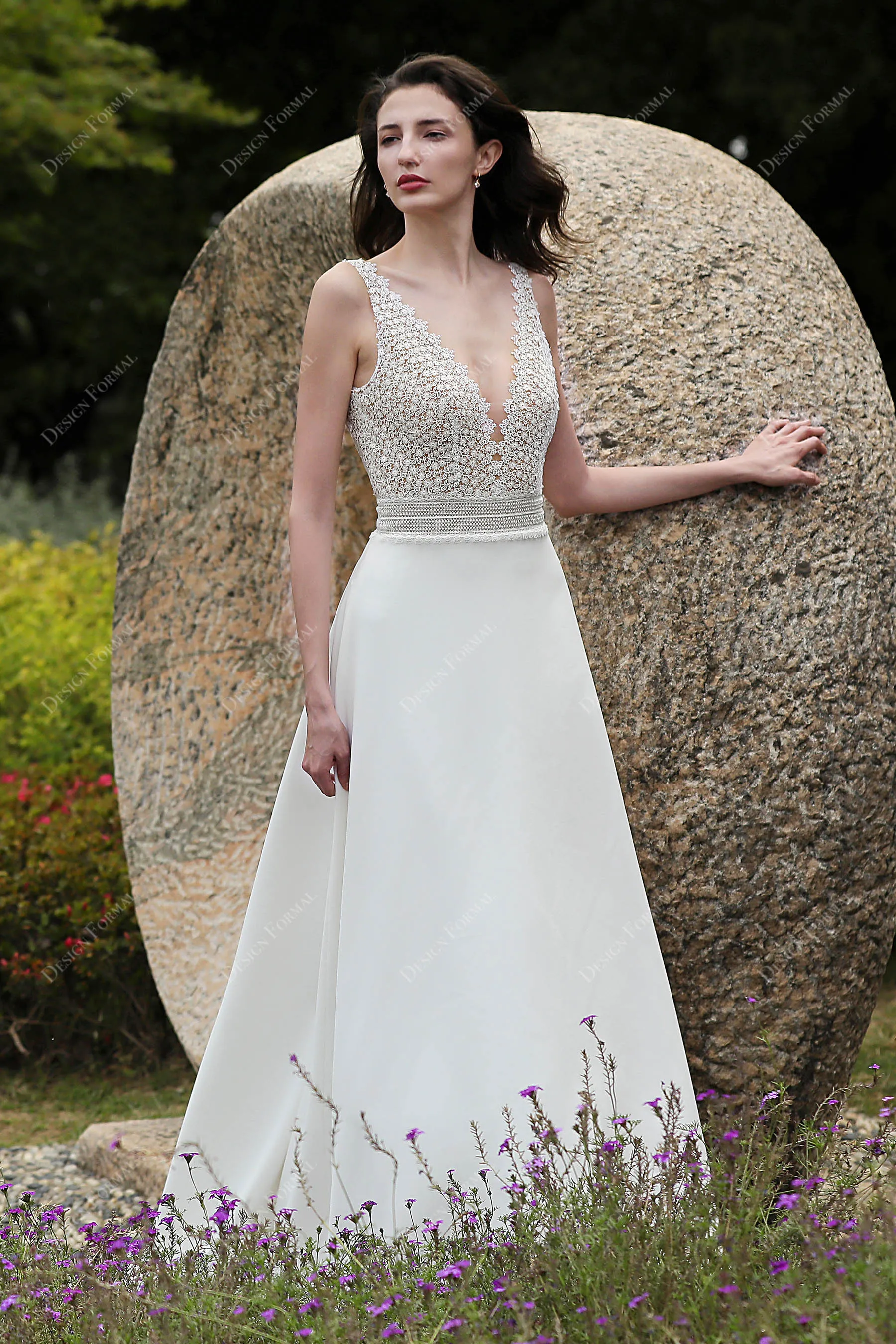 Elegant Straps Lace Designer Crepe A-line Wedding Dress