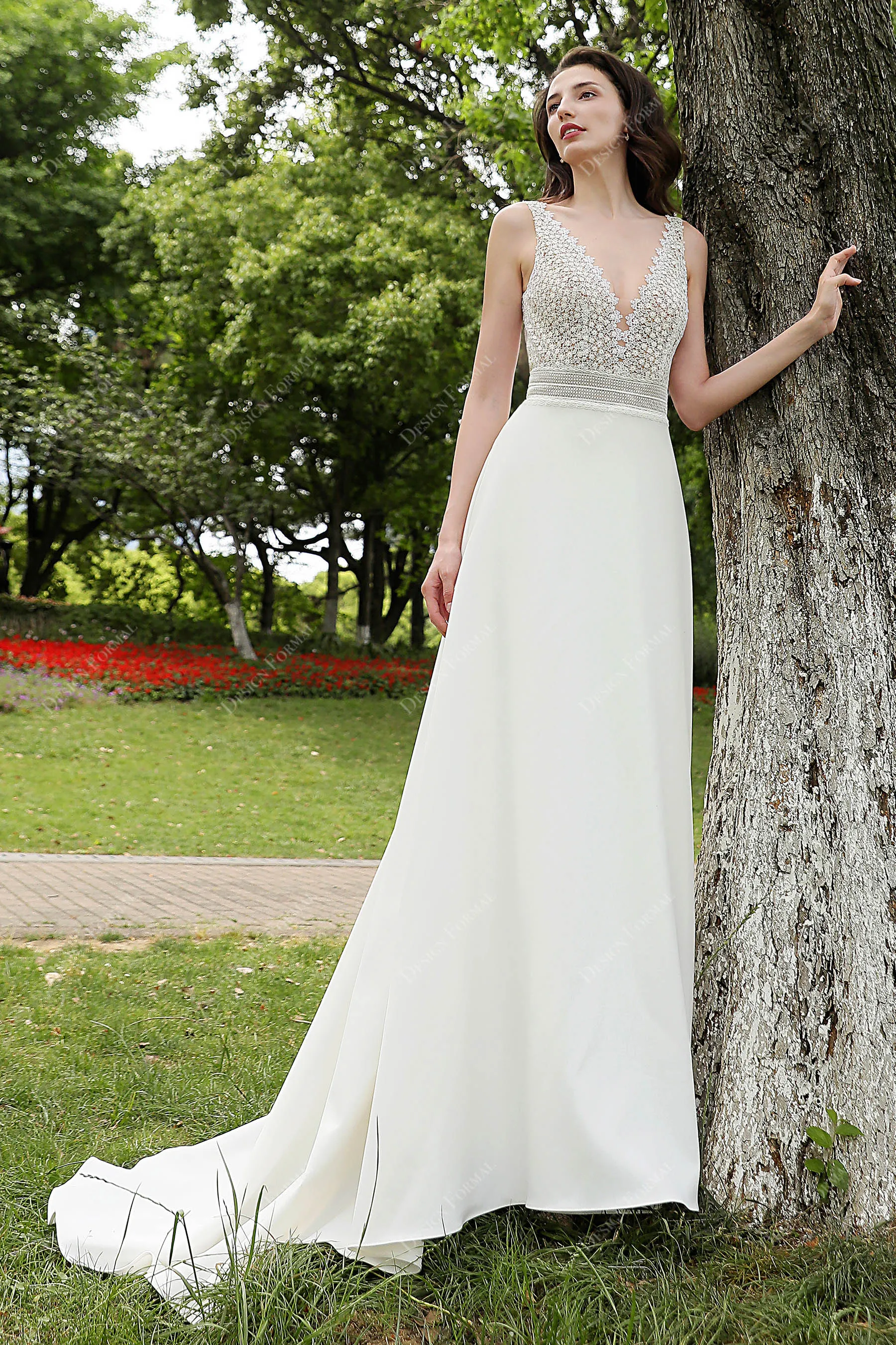 Elegant Straps Lace Designer Crepe A-line Wedding Dress