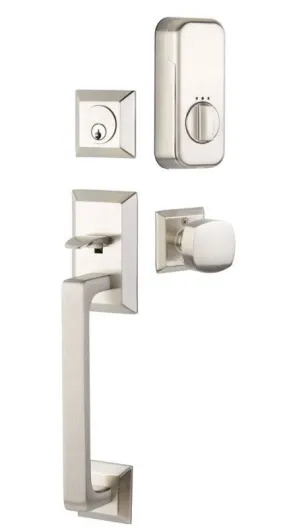 Emtek Single Cylinder Transitional Heritage Sectional Handleset EMPowered Motorized Smart Lock Upgrade With Aston Lever