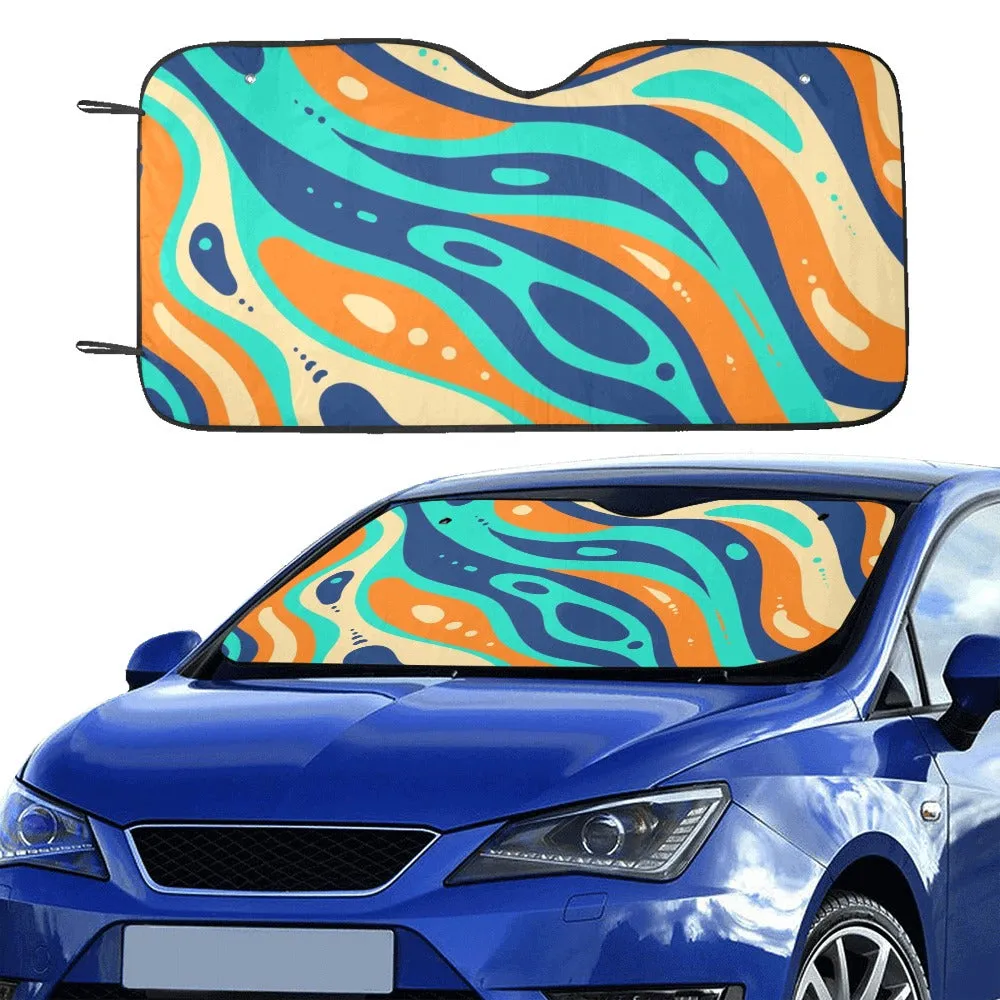 Groovy Windshield Sun Shade, Psychedelic Green Wavy 70s Orange Art Car Accessories Auto Protector Window Visor Screen Cover Decor