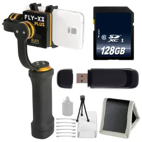 ikan FLY-X3-Plus 3-Axis Smartphone Gimbal Stabilizer with GoPro Mount   128GB SDXC Memory Card   SD Card USB Reader Bundle