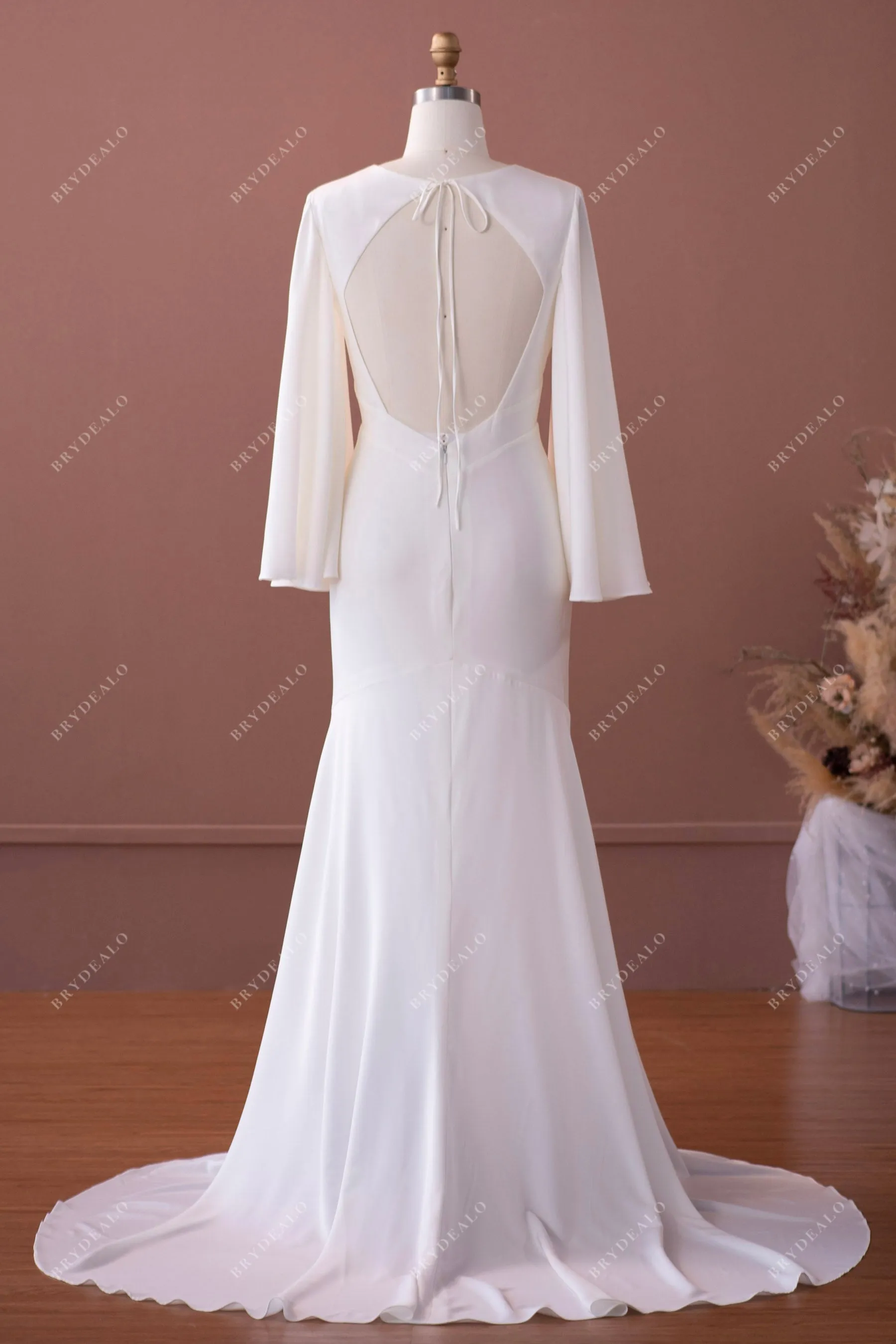 Ivory Bell Sleeve Stretch Satin Sexy Cutout Back Mermaid Wedding Dress