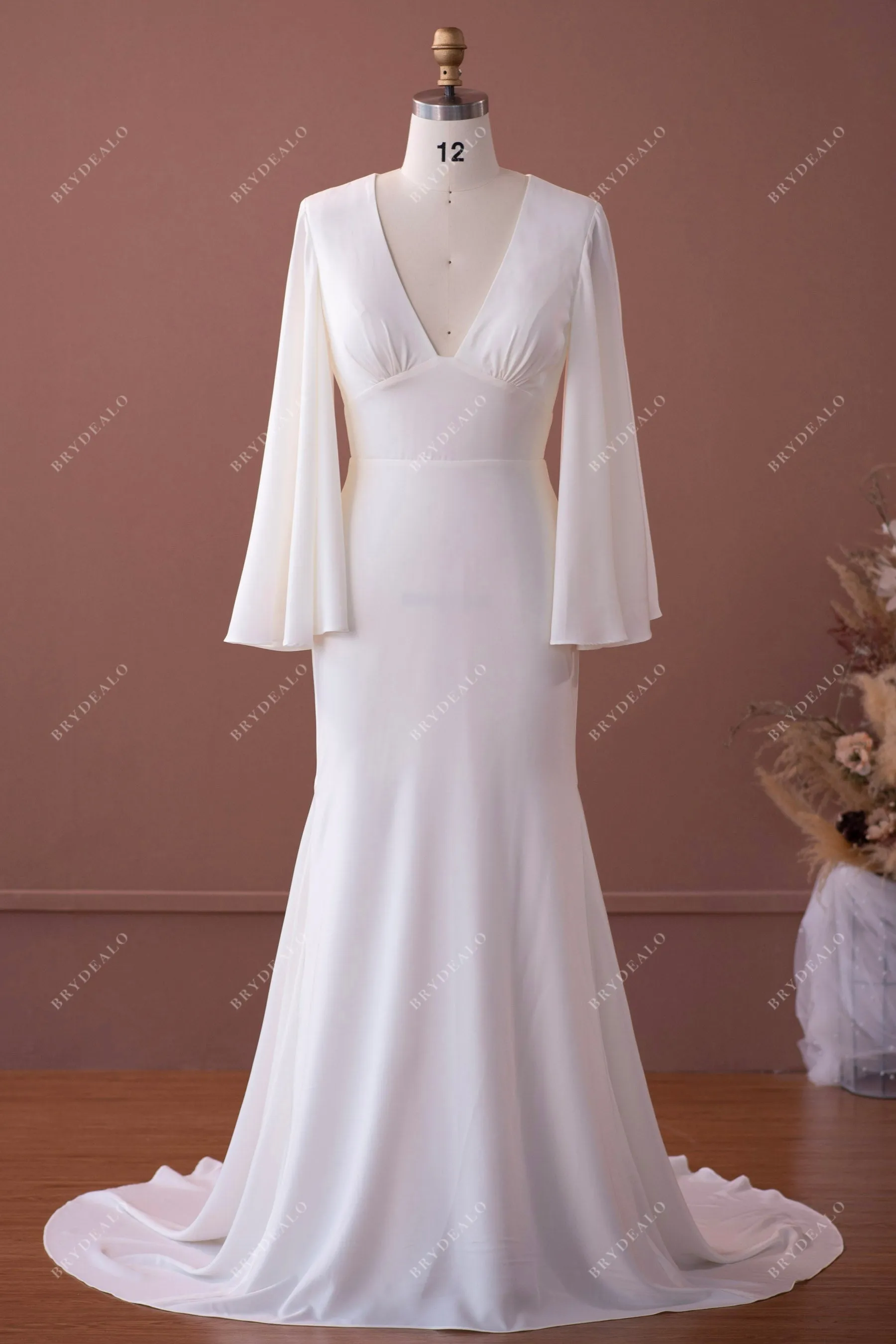 Ivory Bell Sleeve Stretch Satin Sexy Cutout Back Mermaid Wedding Dress