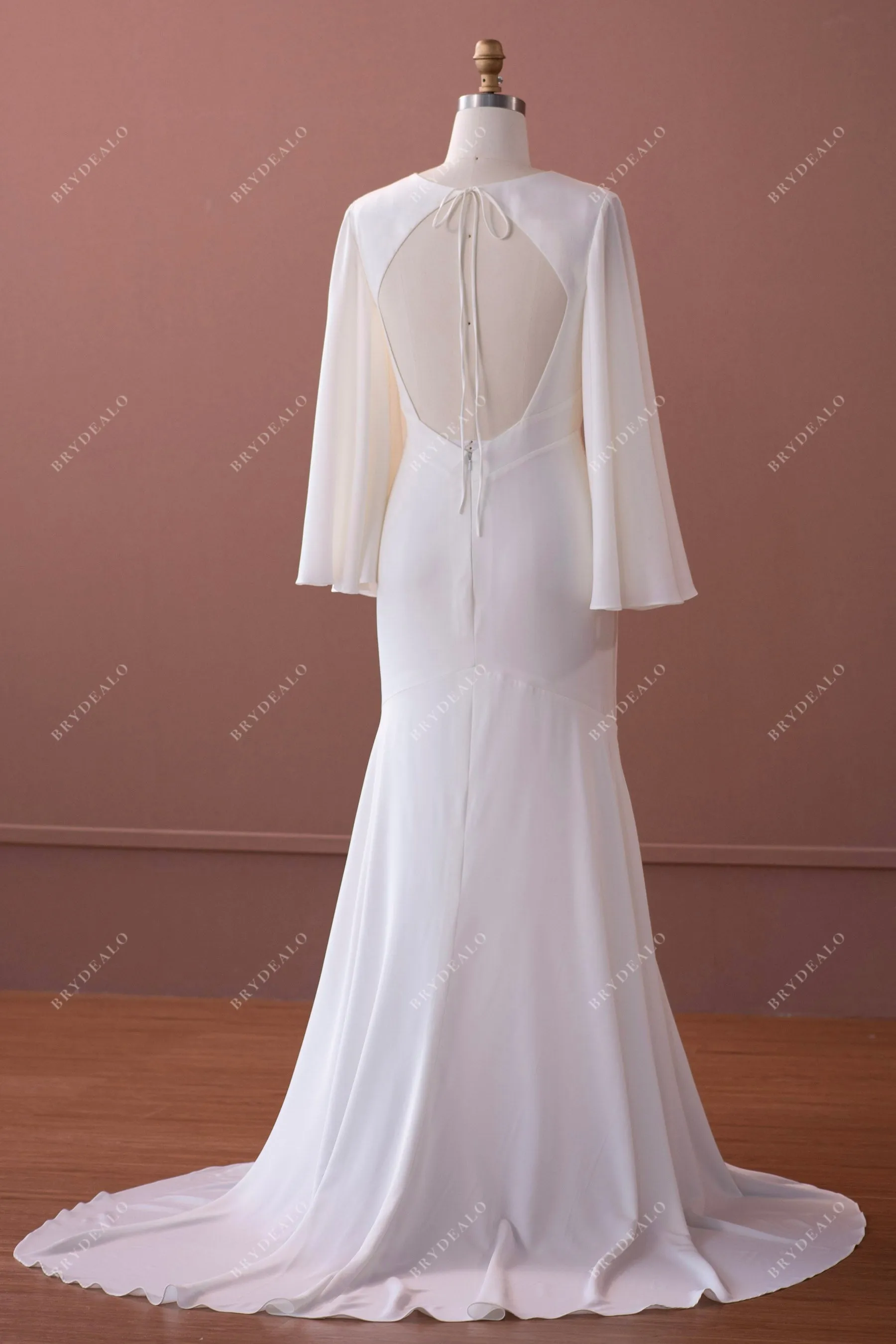 Ivory Bell Sleeve Stretch Satin Sexy Cutout Back Mermaid Wedding Dress