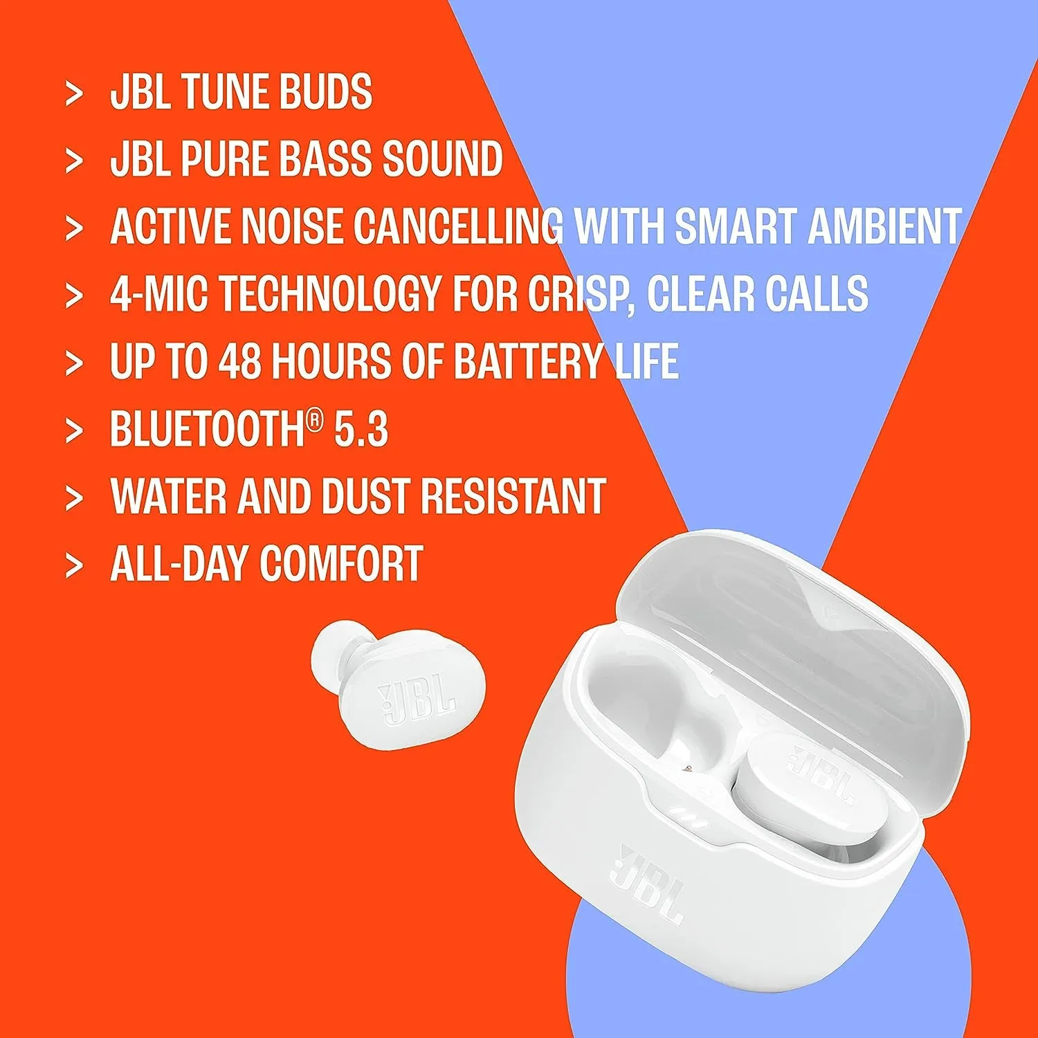 JBL Tune Buds - True Wireless Noise Cancelling Earbuds,  Pure Bass Sound, Bluetooth 5.3, 4-Mic Technology for Crisp, Clear Calls, up to 48 Hours of Battery Life, Water and Dust Resistant (Blue)