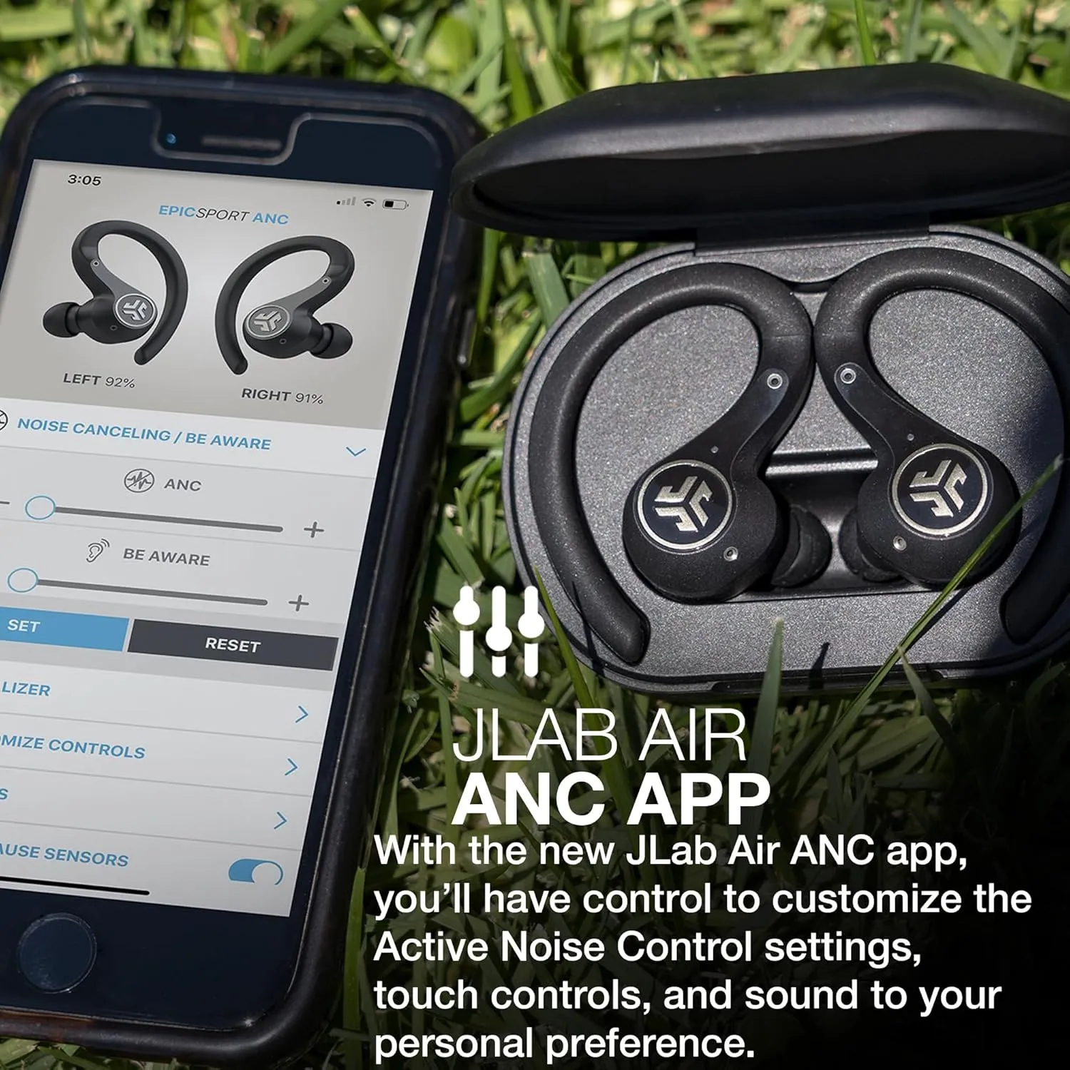 JLab Epic Air Sport ANC Active Noise Cancelling Earbuds - True Wireless Running Earphones, Bluetooth Sports Headphones, 70  H Playtime In Ear Buds for Gym, IP66 Waterproof, USB Charging Case