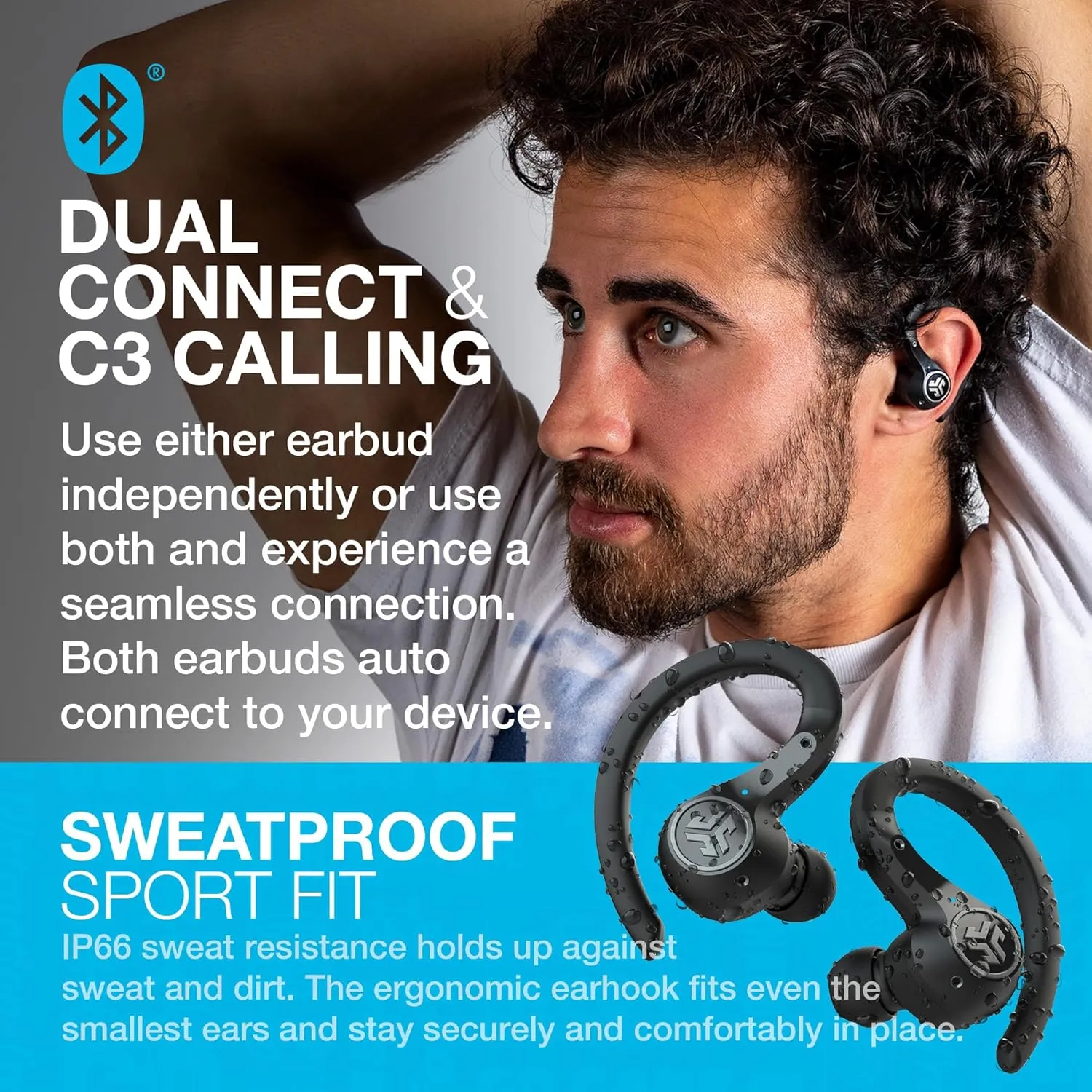 JLab Epic Air Sport ANC Active Noise Cancelling Earbuds - True Wireless Running Earphones, Bluetooth Sports Headphones, 70  H Playtime In Ear Buds for Gym, IP66 Waterproof, USB Charging Case