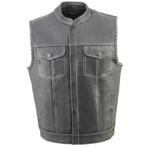 Men's Club Style Leather Vest with Grey Stitching & Laced Arm Holes 3507