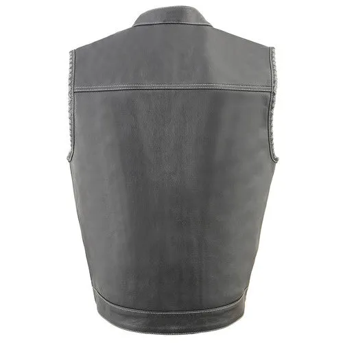 Men's Club Style Leather Vest with Grey Stitching & Laced Arm Holes 3507