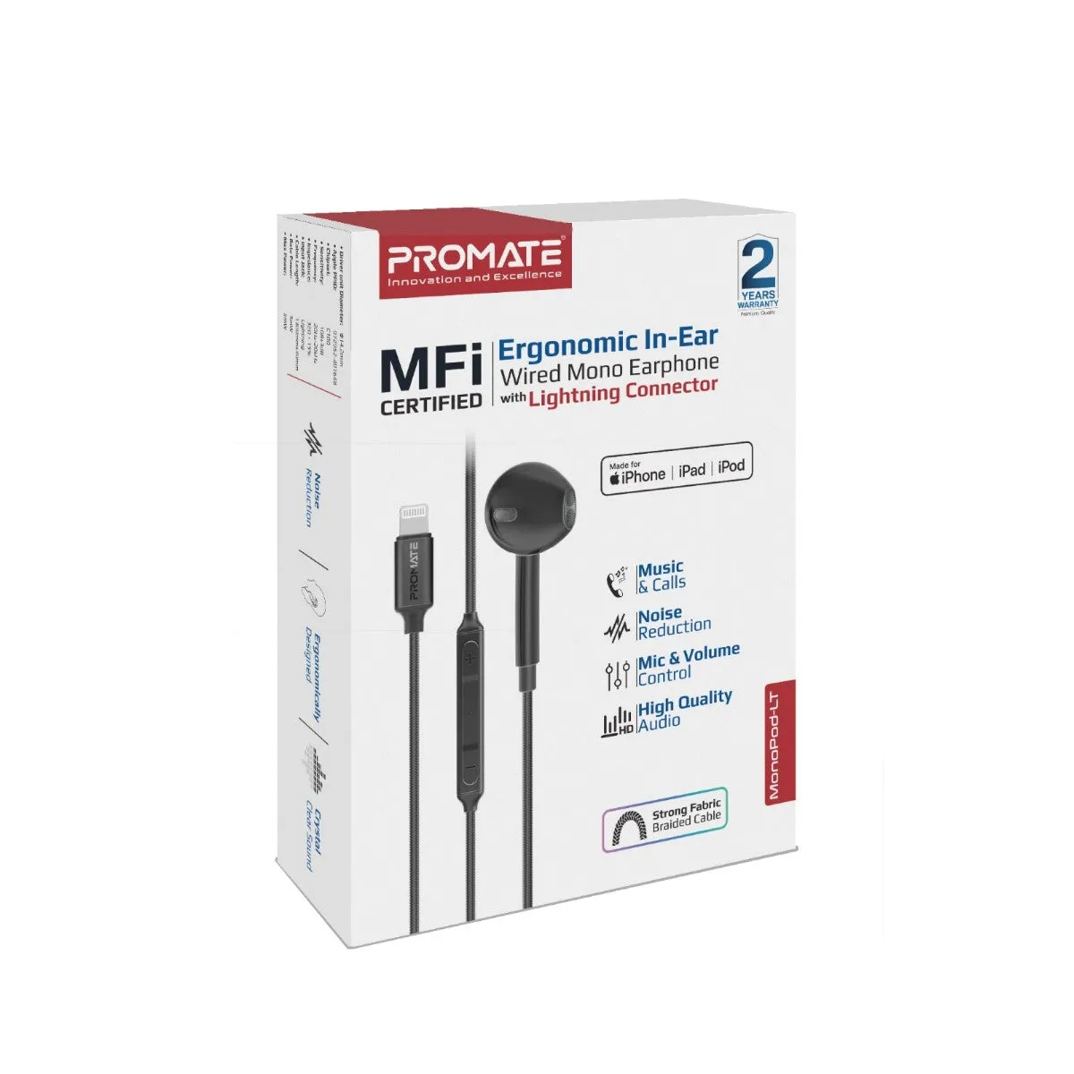 MFI Certified Ergonomic In-Ear Wired Mono Earphone with Lightning Connector