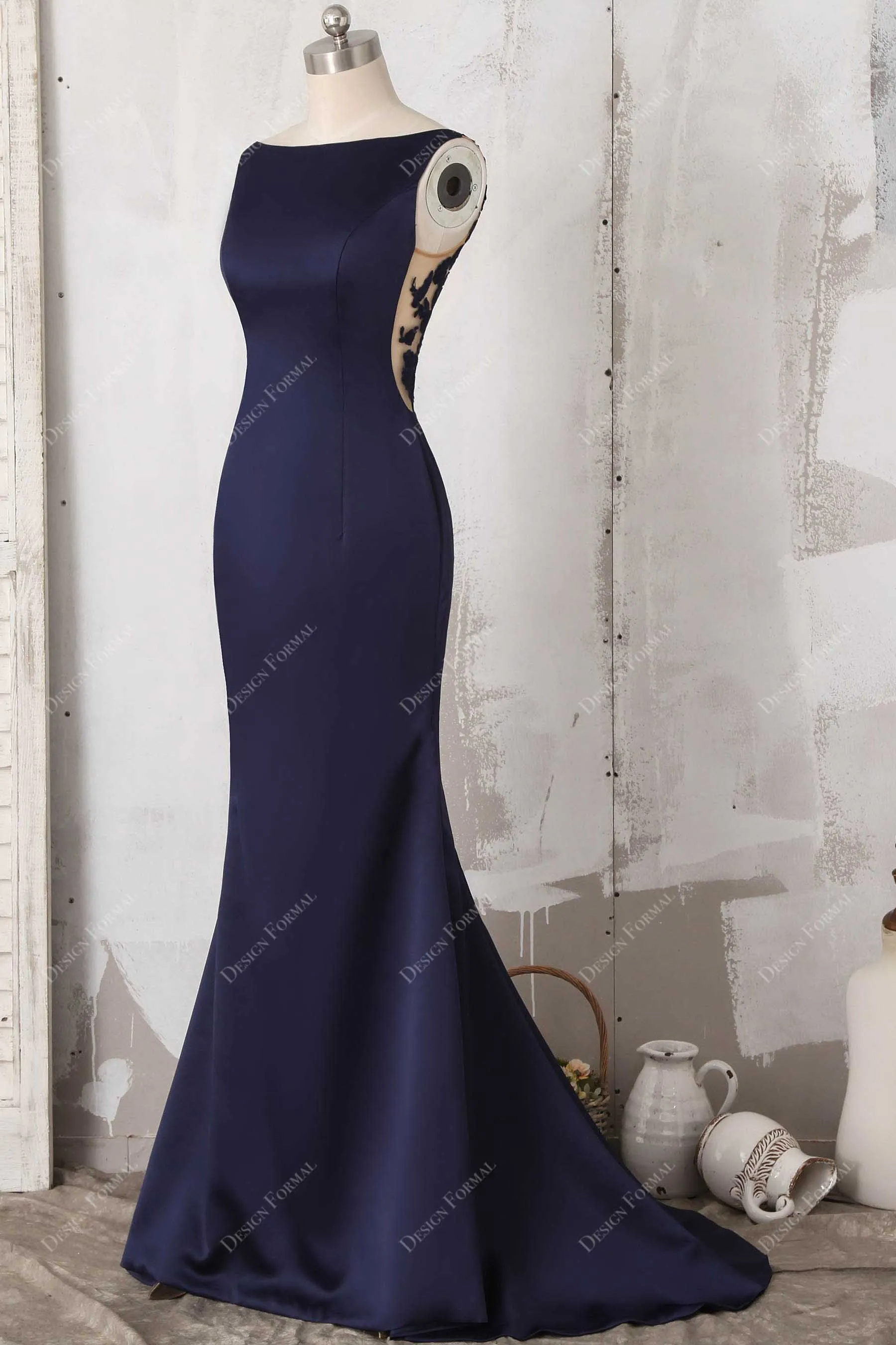 Navy Satin Illusion Back Elegant Mermaid Dress