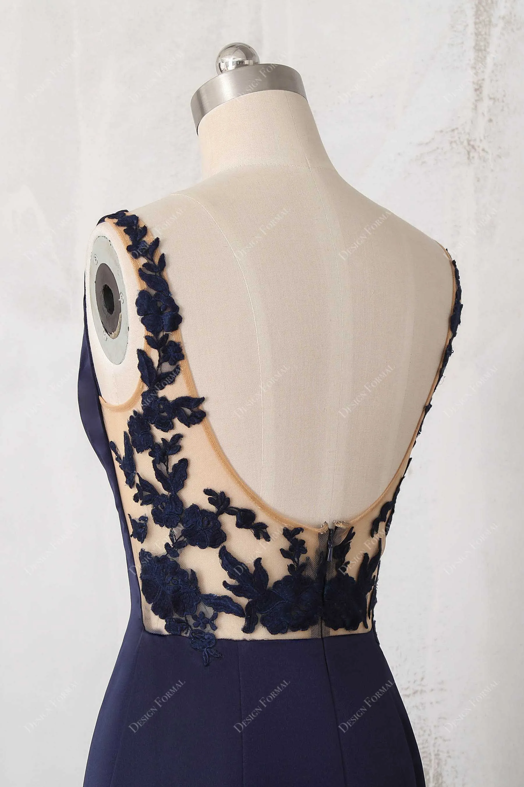 Navy Satin Illusion Back Elegant Mermaid Dress