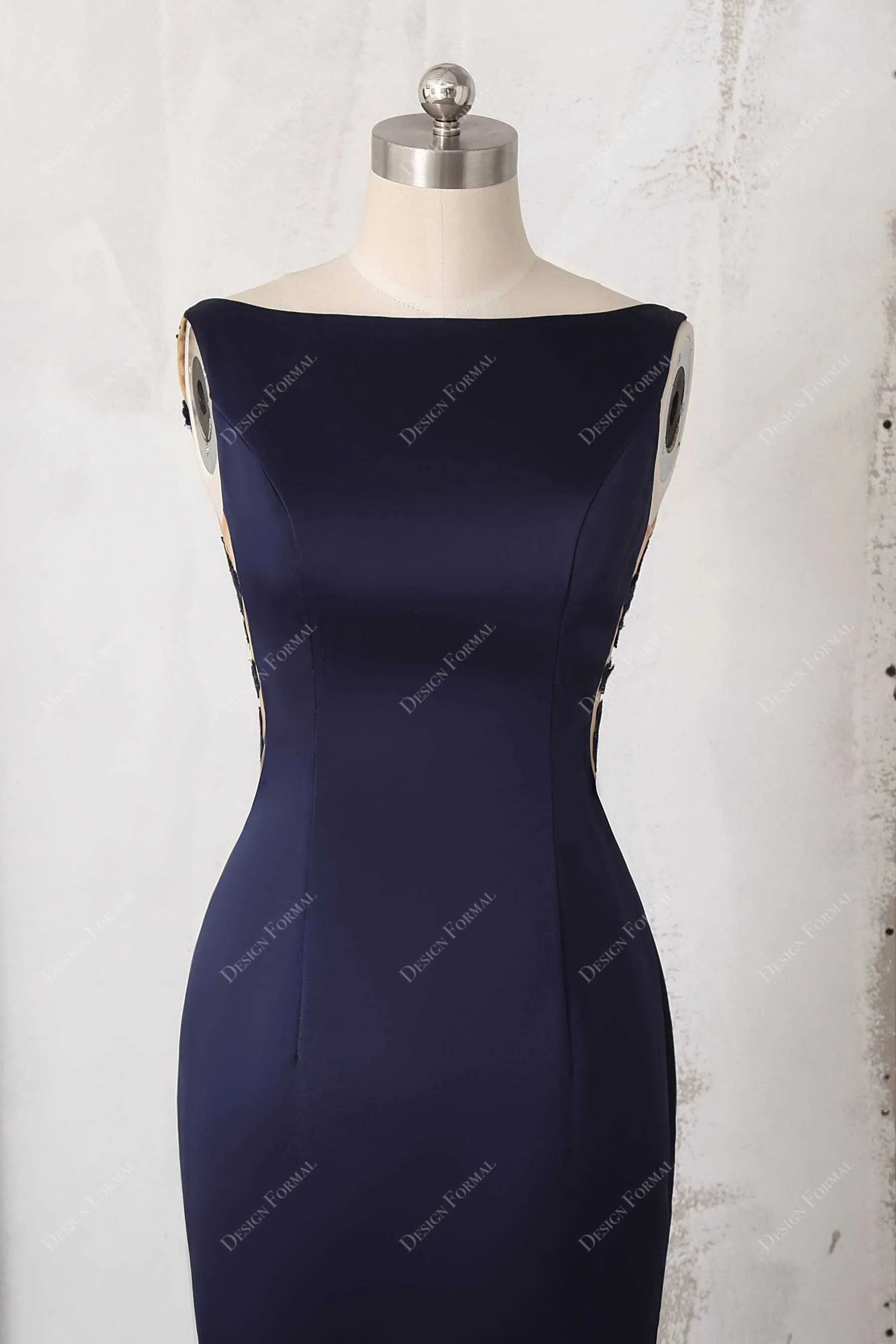 Navy Satin Illusion Back Elegant Mermaid Dress