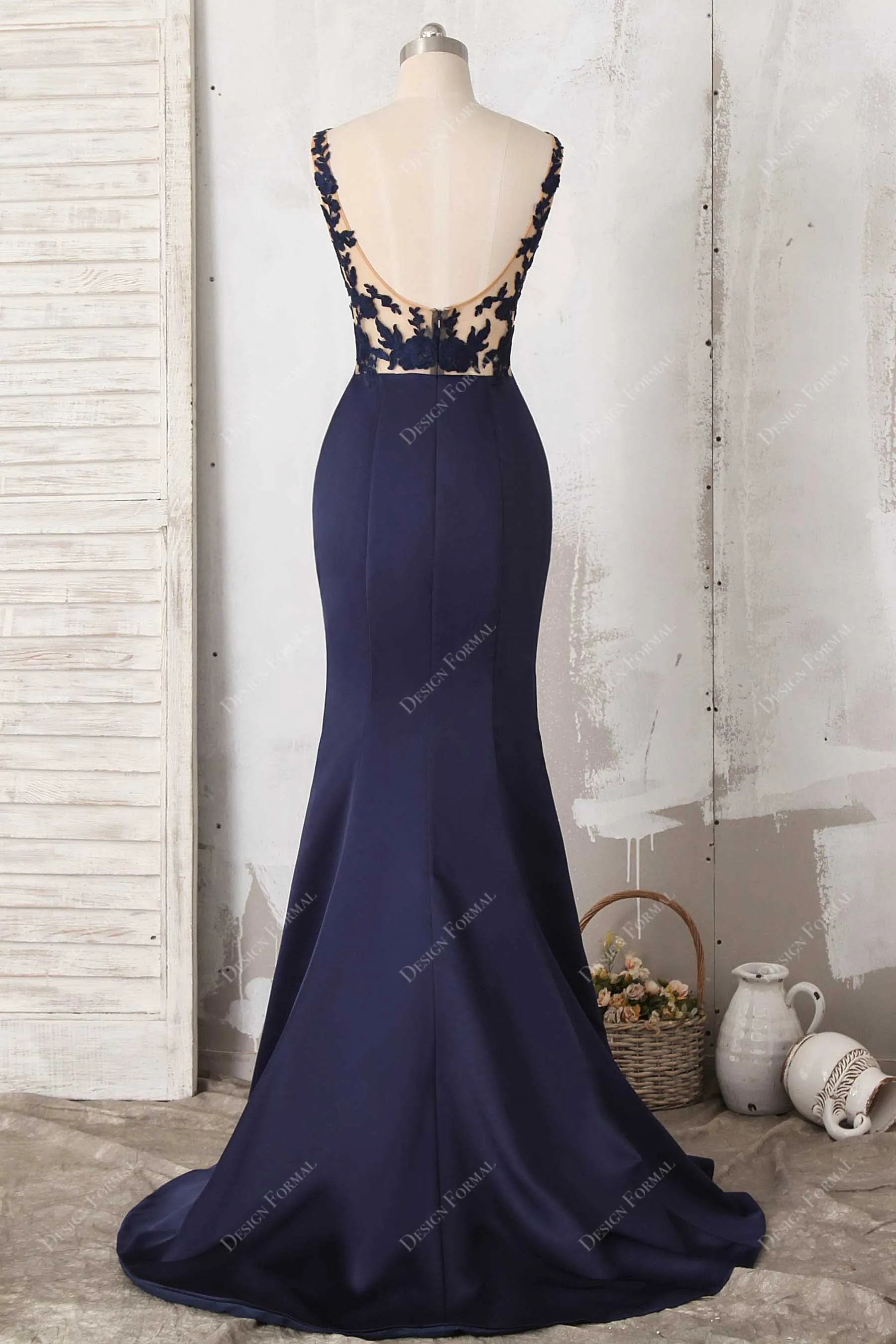 Navy Satin Illusion Back Elegant Mermaid Dress