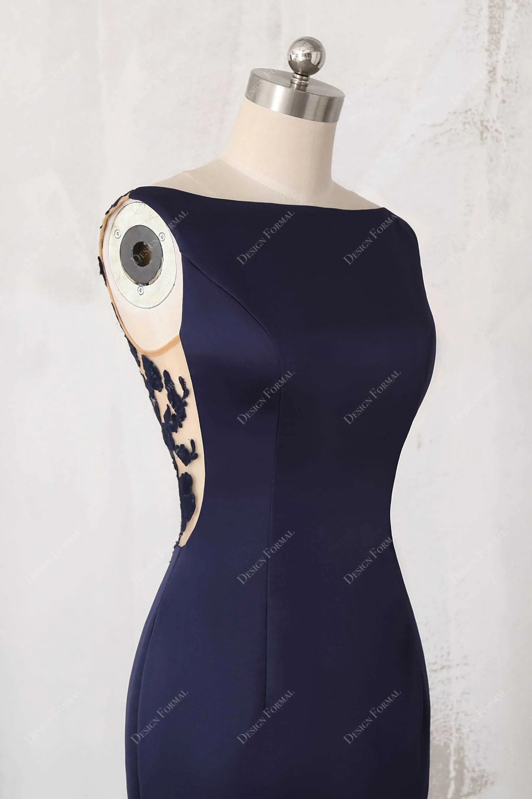 Navy Satin Illusion Back Elegant Mermaid Dress