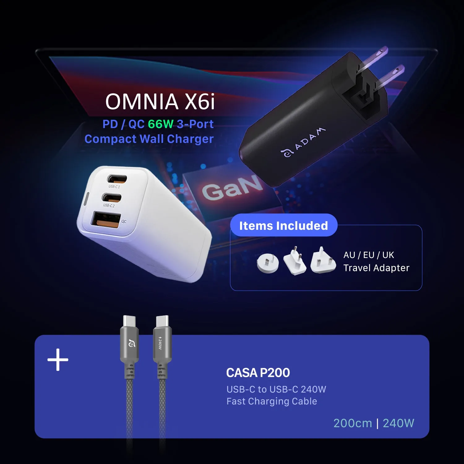 OMNIA X6i PD / QC 66W Compact Wall Charger   CASA P200 USB-C to USB-C 240W Braided Charging Cable (200CM)