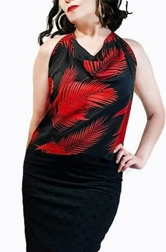 red palm leaves draped halter tango top with adjustable straps