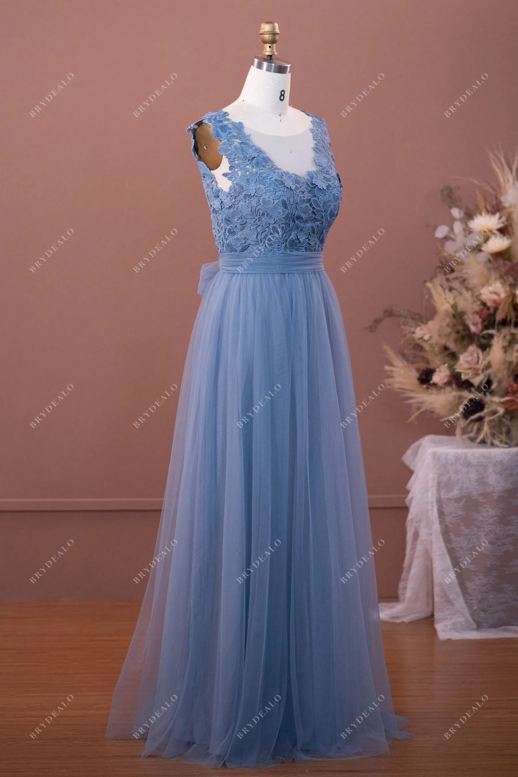 Sample Sale | Dusty Blue Lace Tulle A-line Bridesmaid Dress