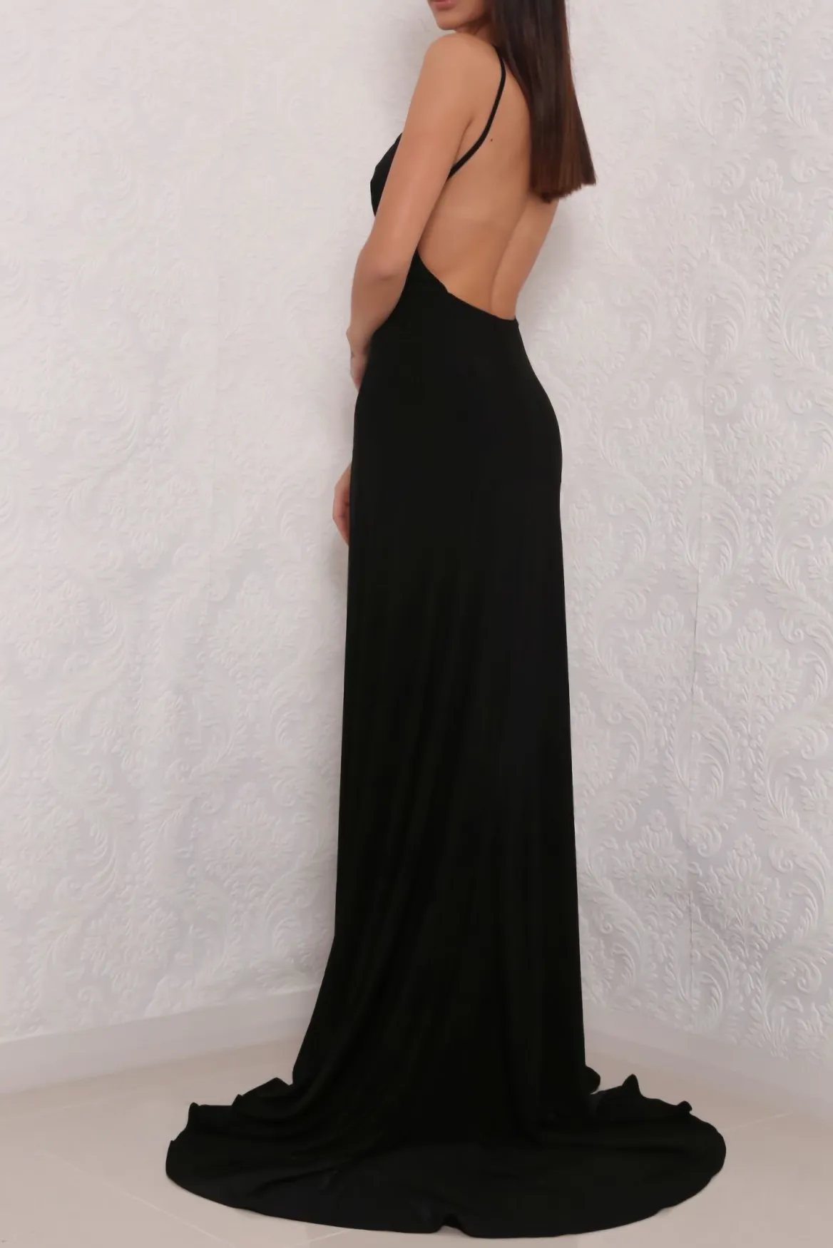 Sexy High Slit Black Open Back Prom Dresses