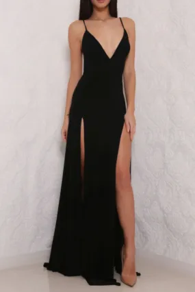 Sexy High Slit Black Open Back Prom Dresses